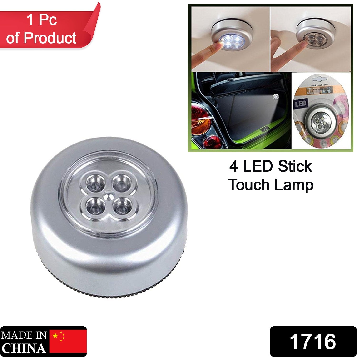 1716 4 LED Battery-Powered Wireless Night Light Stick Tap Touch Lamp Stick-on Push Light for Closets, Cabinets, Counters, or Utility Rooms, Cordless Touch Light DeoDap 1716 4 LED Battery-Powered Wireless Night Light Stick Tap Touch Lamp Stick-on Push Light for Closets, Cabinets, Counters, or Utility Rooms, Cordless Touch Light DeoDap